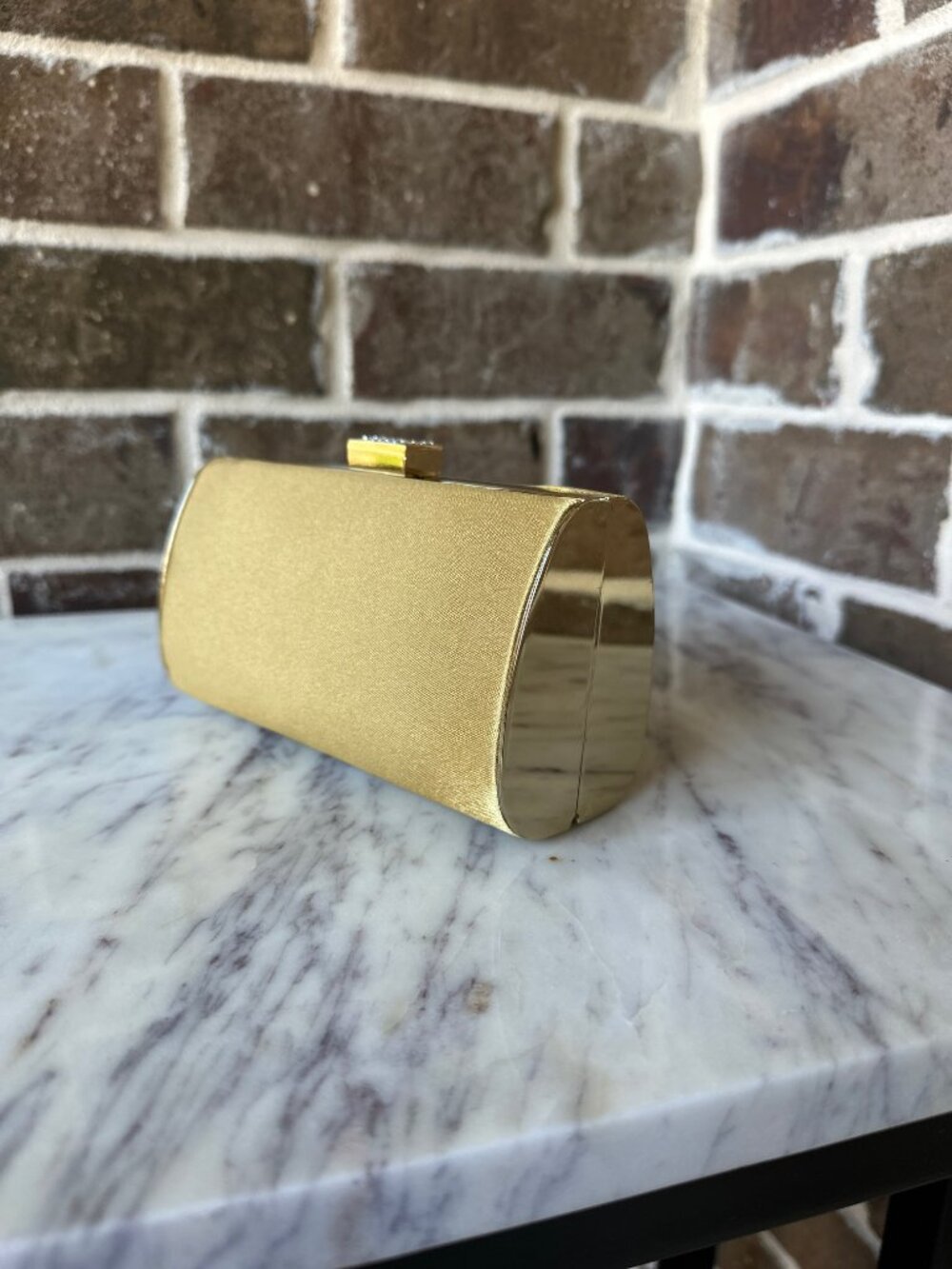 Pill Box Clutch Handbag Gold Satin Fabric Metal Trim Stowable Crossbody Chain